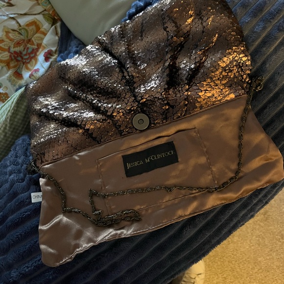 Jessica McClintock Faux Snake Skin Metallic Bronze Evening Bag, Chain - Picture 7 of 8